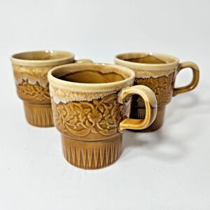 3 Retro Vintage Stackable Coffee Cup Mug Made in Japan Brown Various Designs